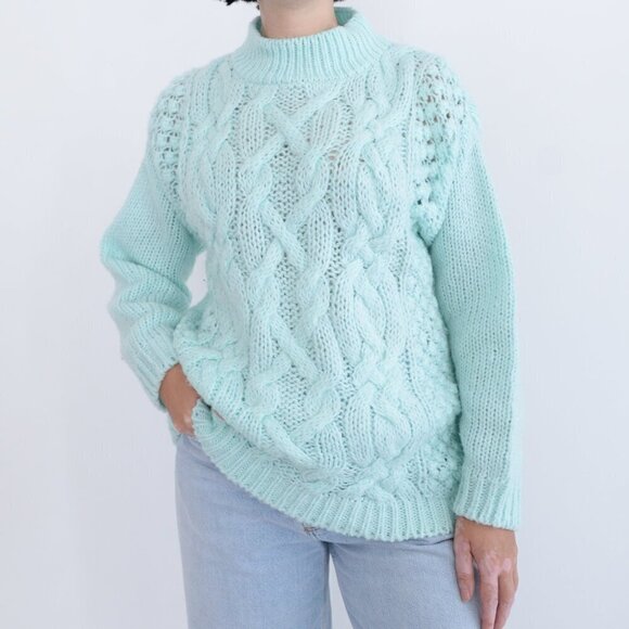 Sweaters - Vintage Heres A Hug Pastel Mint Cable Knit Mockneck Sweater M
